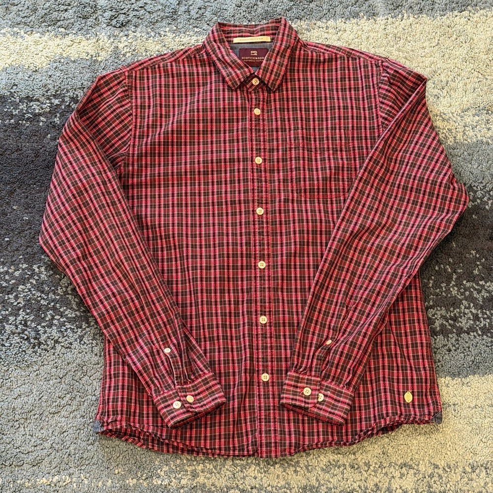 Scotch & Soda Mens Medium Button Down Long Sleeve Shirt Casual Red Plaid